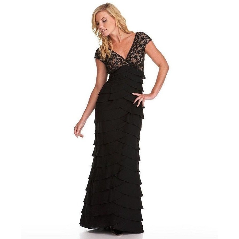 Adrianna Papell Black Lace Tiered Ruffle Evening Gown V-Neck Maxi Dress Size 10